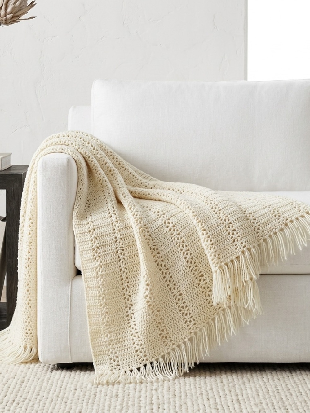 Handmade Cream Crochet Fringe Square Throw Blanket Boho 52x52